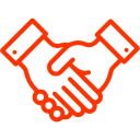 Rotes Umrisssymbol von zwei sich schüttelnden Händen auf hellgrauem Hintergrund, stellt Handschlag dar.