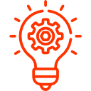 Rotes Umriss-Symbol einer Glühbirne mit Zahnrad innen, steht für technische Innovation oder Ingenieurwesen.