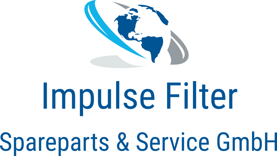 Logo mit Globus, blauem Schwung und dem Schriftzug Impulse Filter Spareparts & Service GmbH auf weißem Hintergrund.